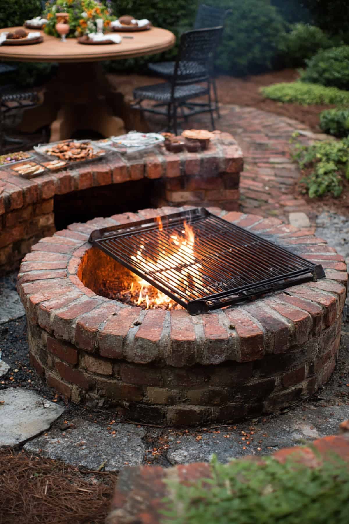 Circular brick fire pit with a burning fire and metal grate on a patio.