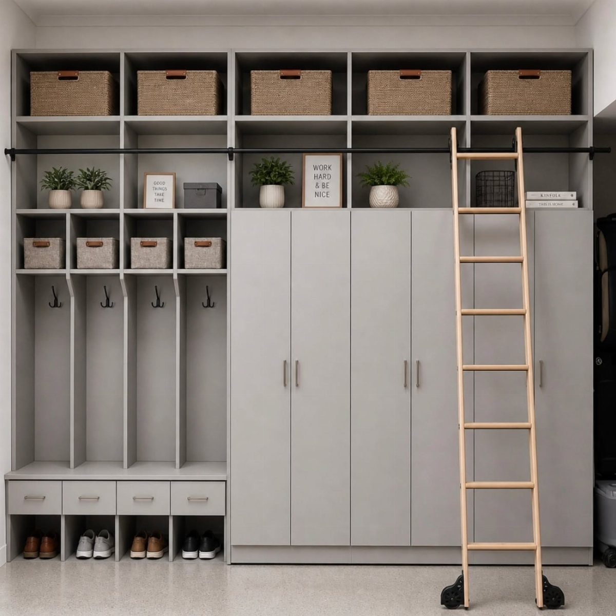 Grey built-in mudroom storage unit with cubbies, baskets, hooks, and tall cabinets.