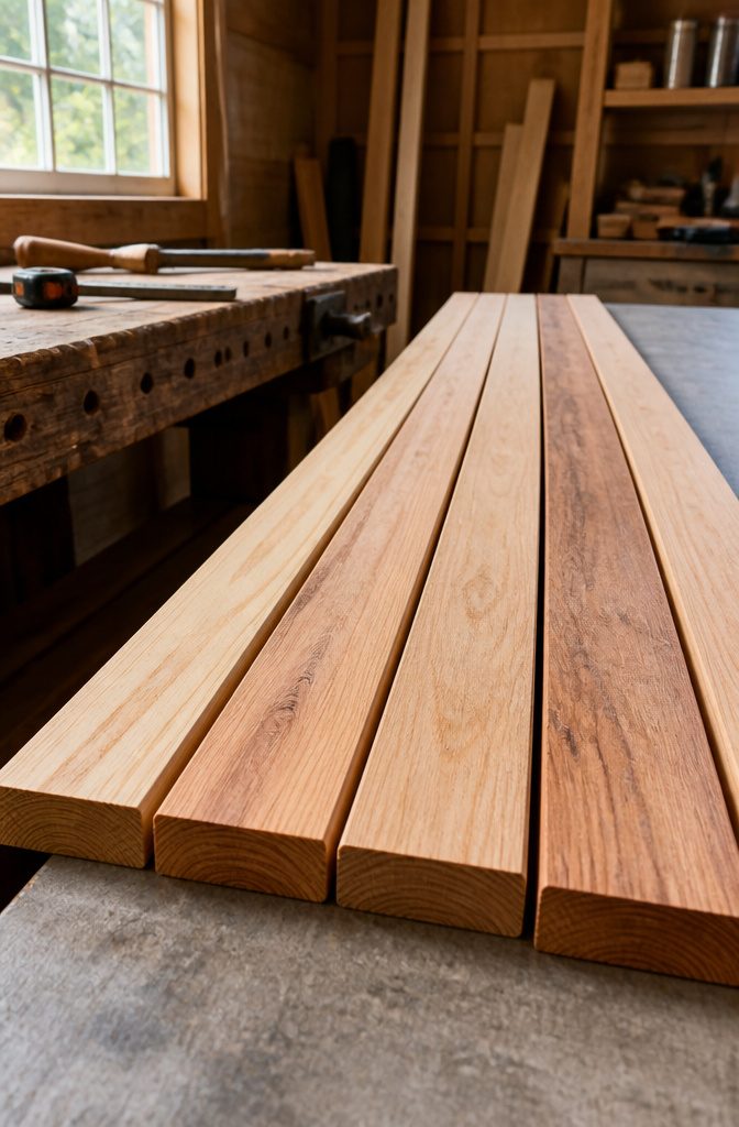 Boards of dimensional lumber lined up to show their crowns.