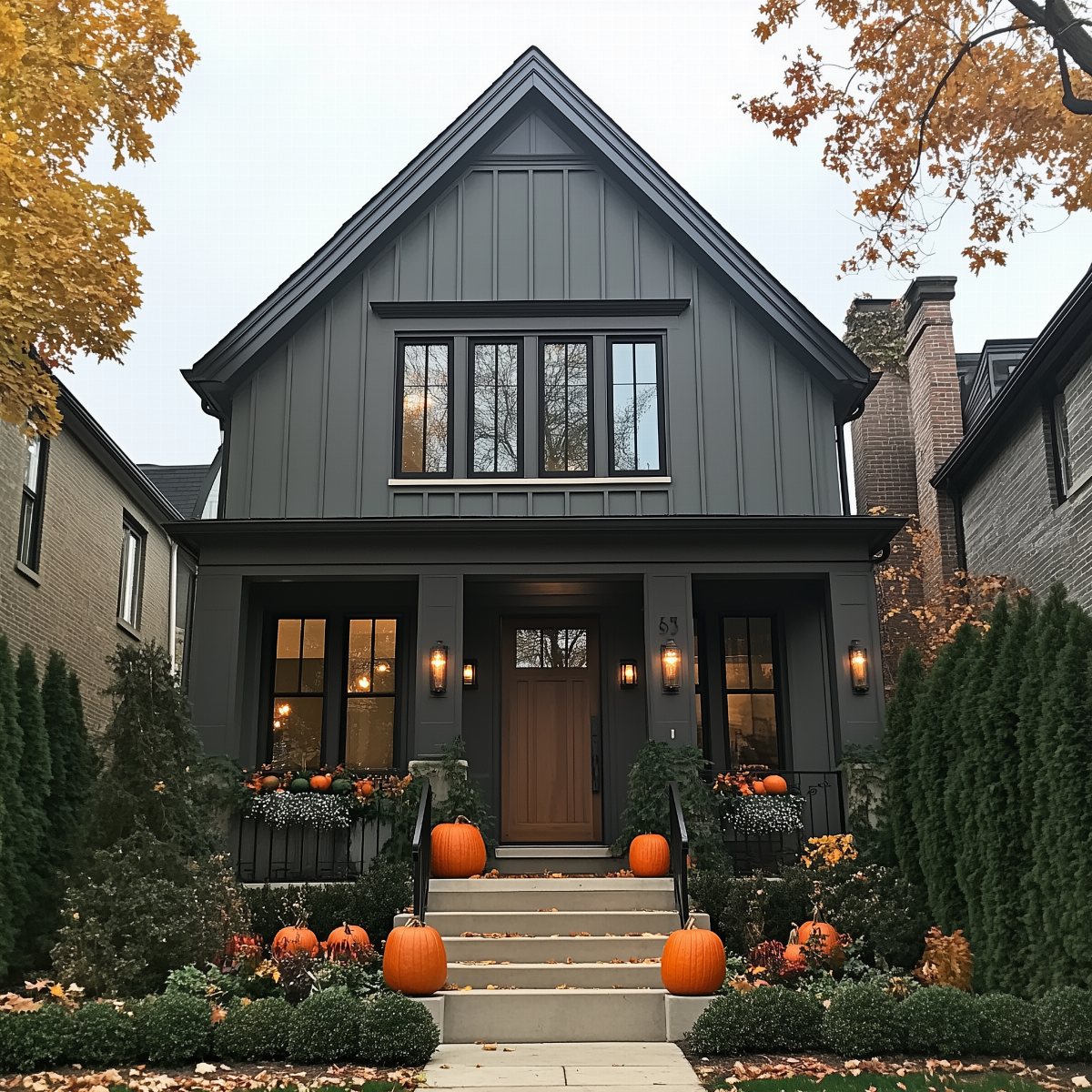 Dark charcoal gray house with board and batten siding decorated with pumpkins on the front steps.
