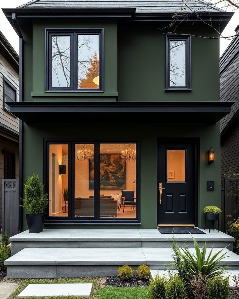 Modern two-story house featuring dark olive green exterior walls and black trim with concrete steps.