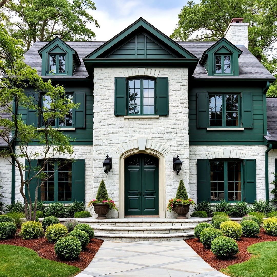 White stone house with dark green shutters, window trim, and a matching dark green front door.
