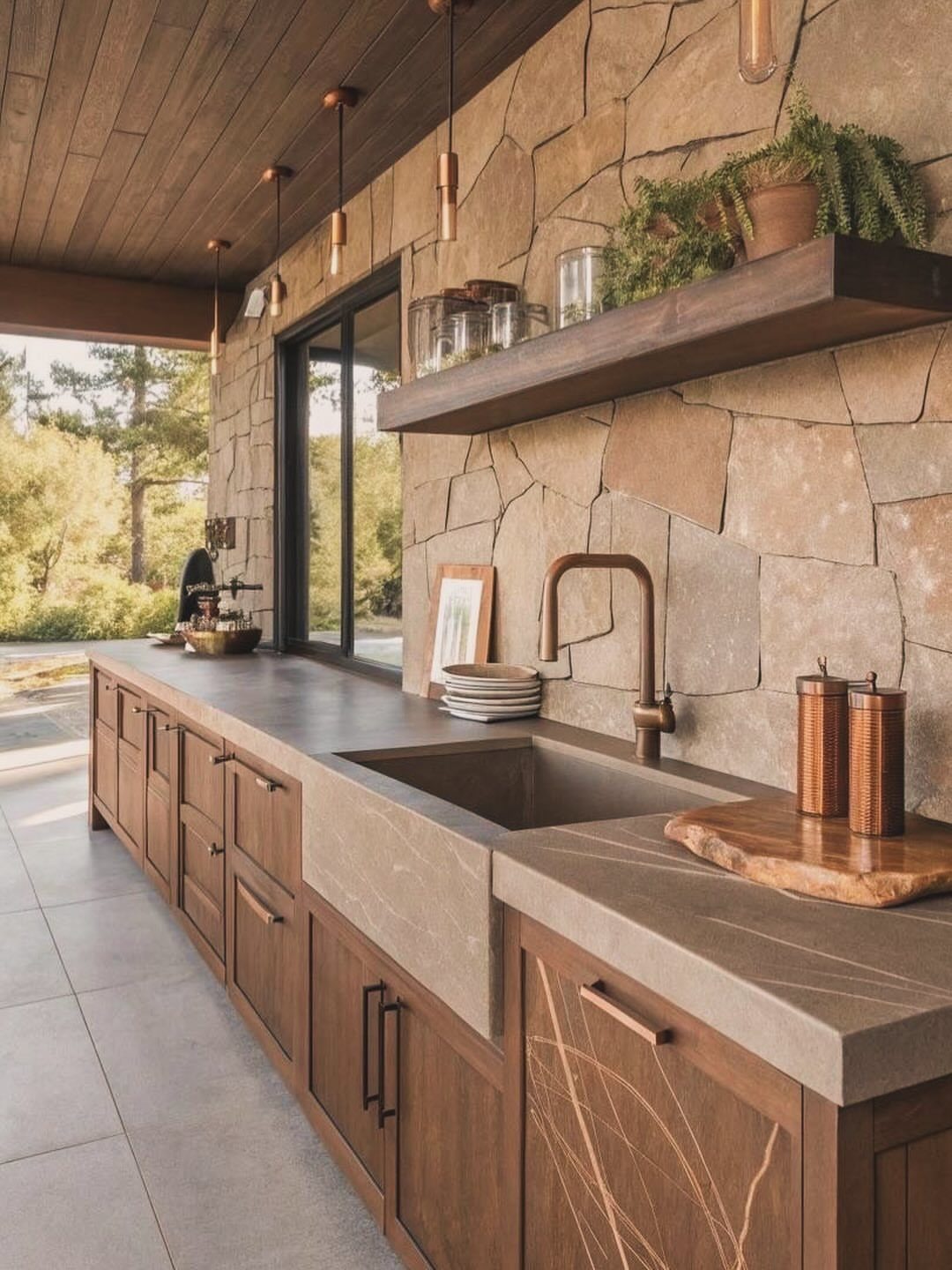 Grey concrete countertops on wooden cabinets in an outdoor kitchen with a stone wall.