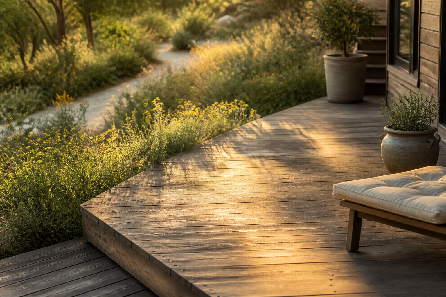 A multi-level deck design featuring separate dining and lounge areas.