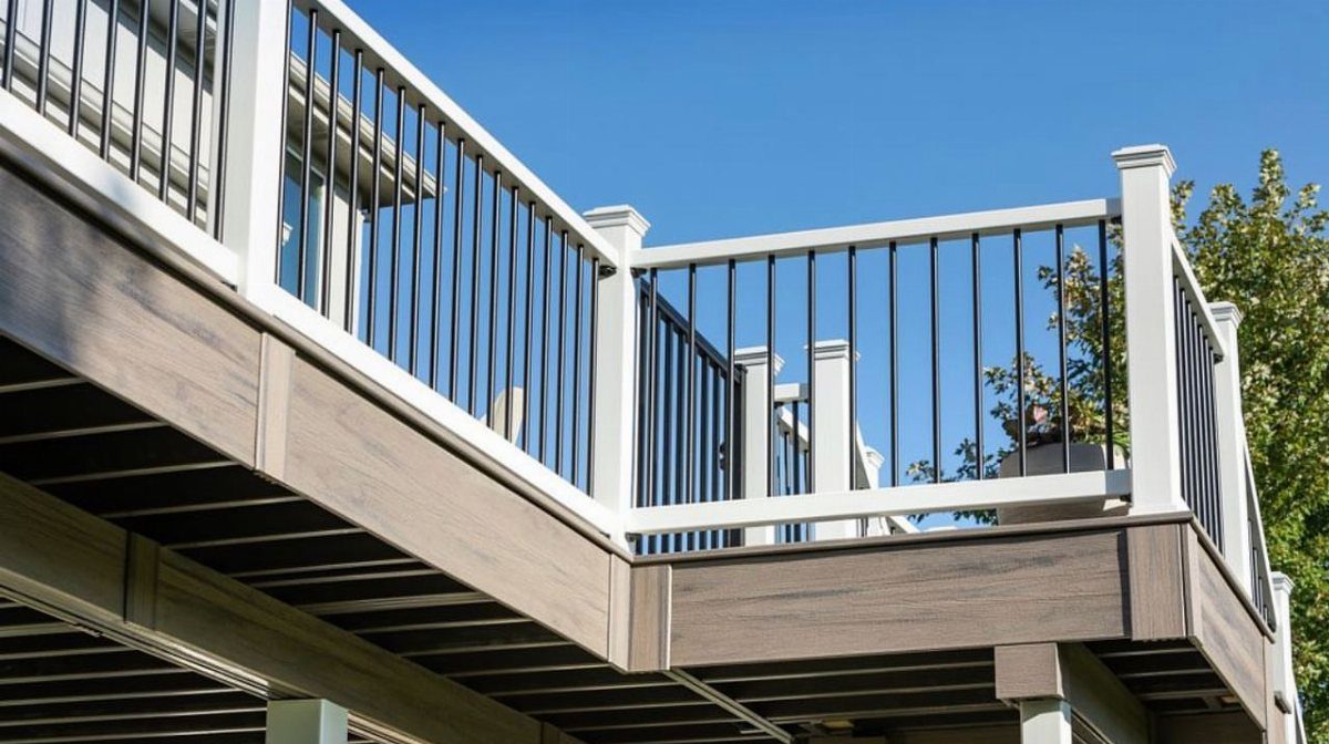 Modern elevated deck with white railings, black balusters, and smooth grey-brown fascia boards.