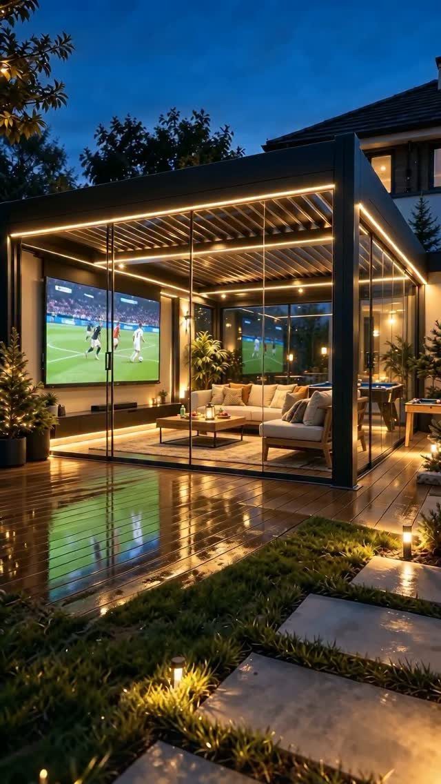 Modern outdoor lounge area under a lit metal pergola with a large television and sofas.