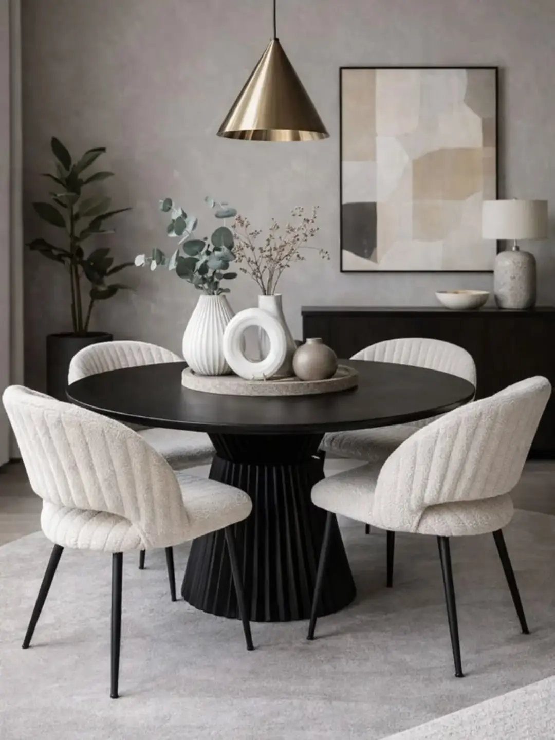 Round black dining table with white textured chairs in a modern grey room.