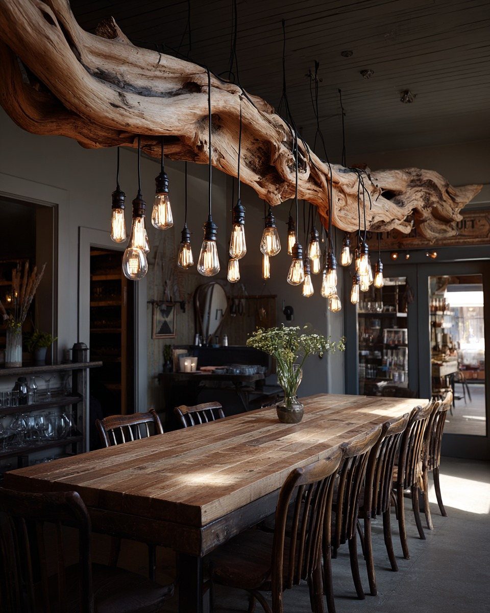 Rustic dining room with a long wooden table and driftwood branch lighting fixture.