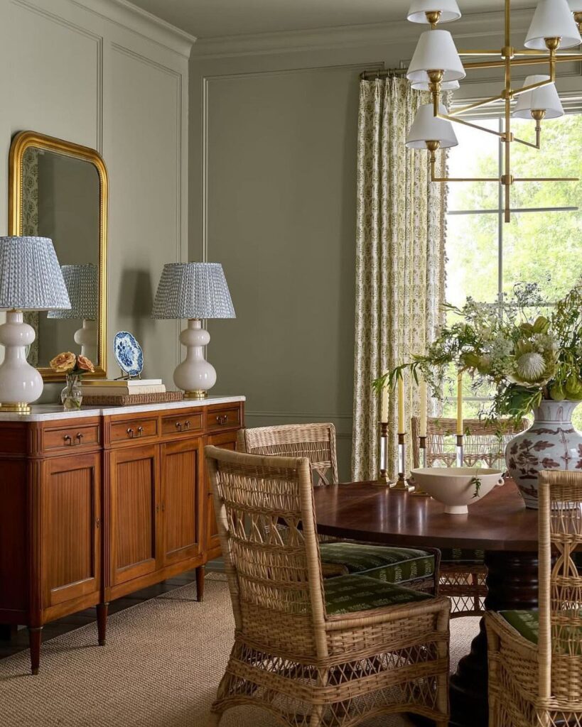 Wooden sideboard with lamps and gold mirror in a decorated dining room