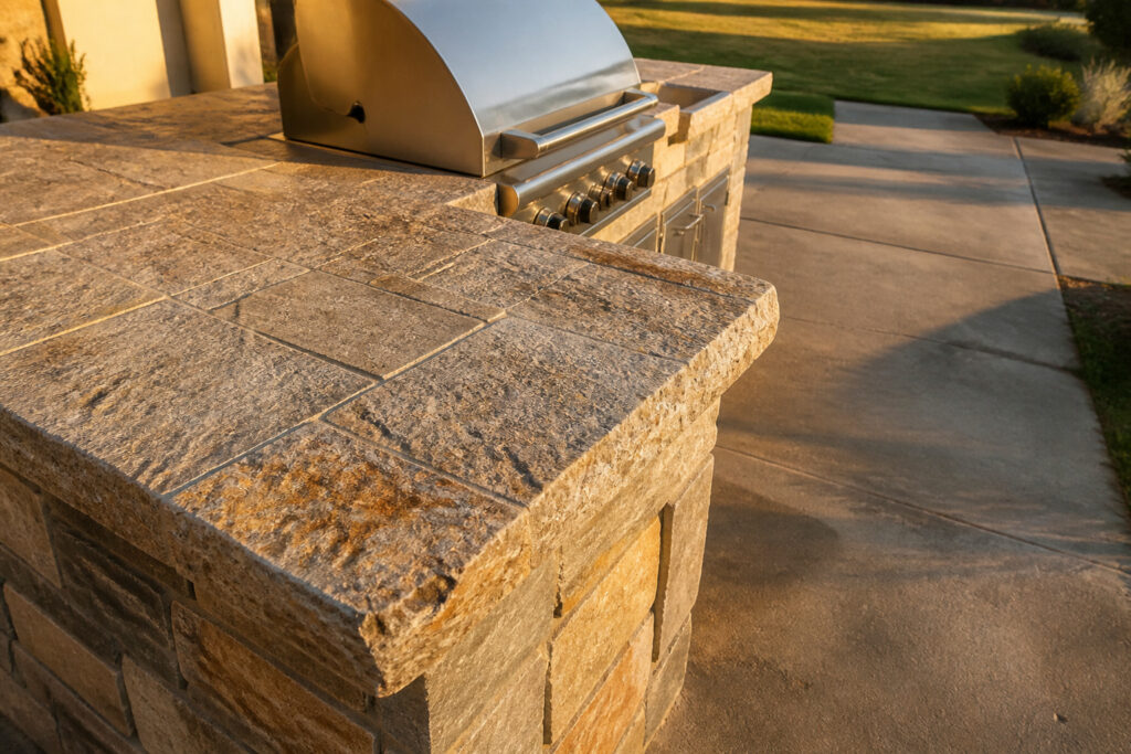 A finished DIY gas grill island with a grill, countertop, and seating.