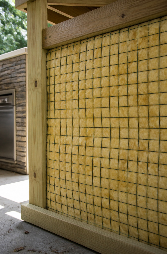 Close-up of fire-retardant insulation layered behind wire mesh.