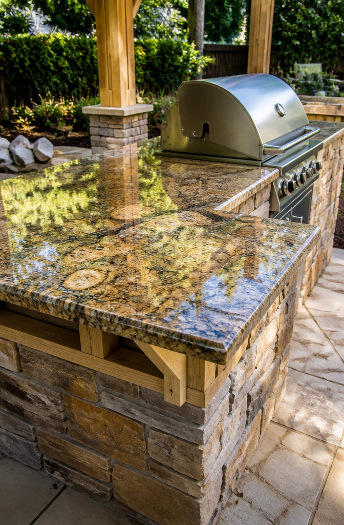 A concrete countertop installed on the grill island structure.