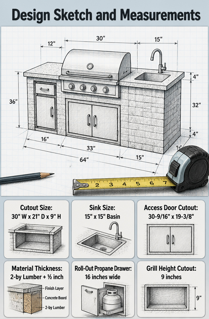 A design sketch with measurements for a gas grill island.