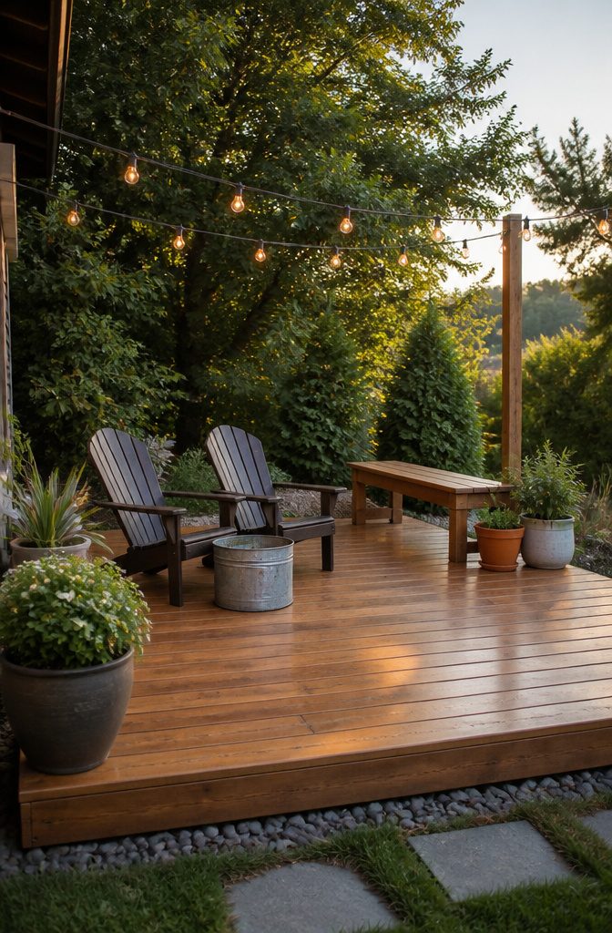Low deck with Adirondack chairs, a bucket, and decorative string lights.