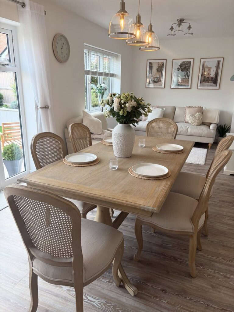 Light wood farmhouse dining table and cane-back chairs in a bright, modern room.