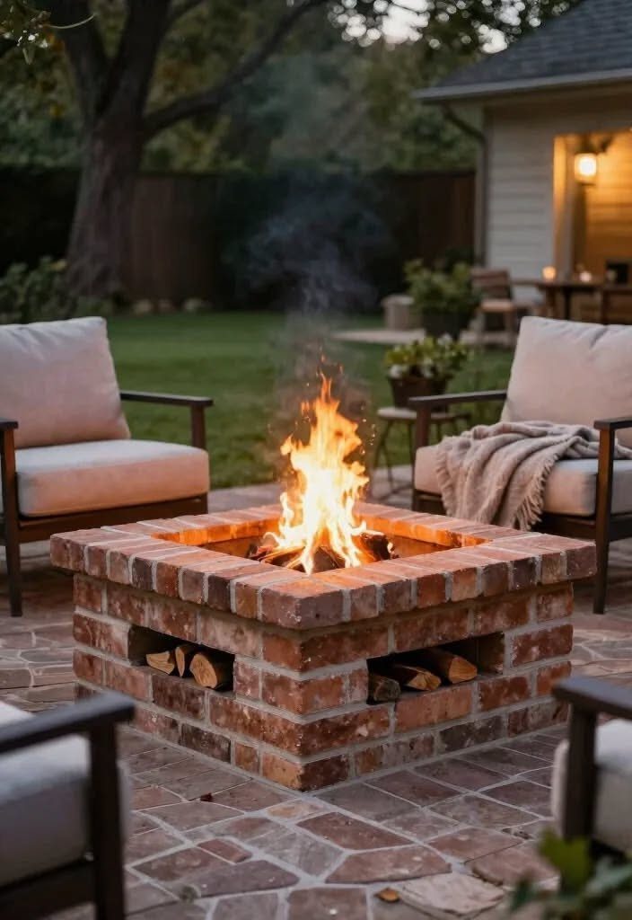 A square brick fire pit with a bright flame burning inside on a stone patio.