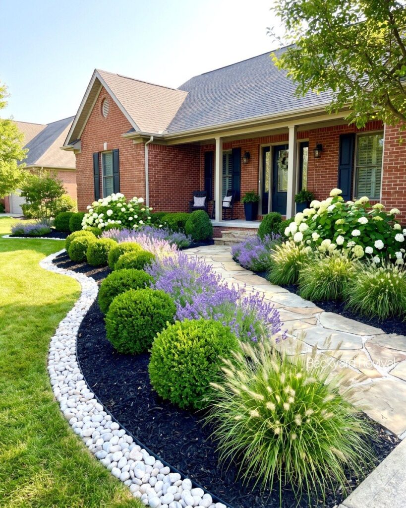 Purple lavender and green shrubs lining a stone walkway in a landscaped front yard.