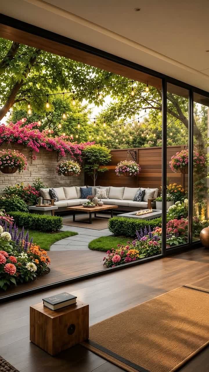 Lush garden patio with white sectional sofa, colorful flowers, and greenery viewed through glass doors.