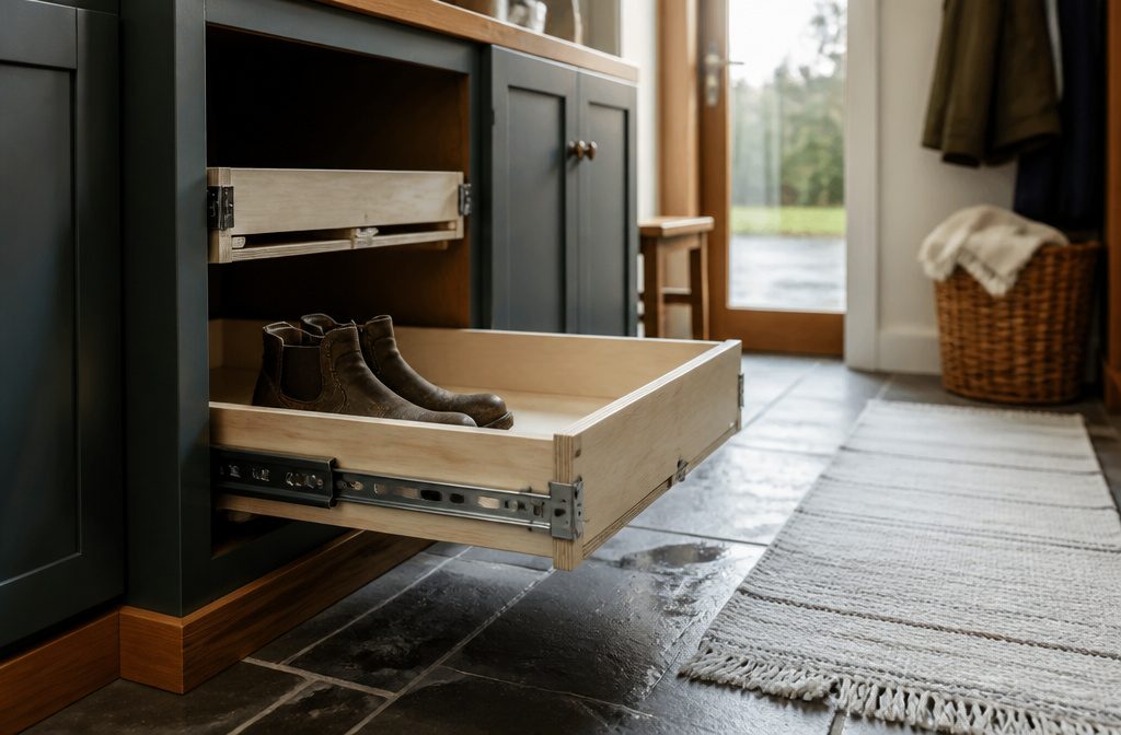 Wooden roll-out shelf extended from a kitchen cabinet with stored goods