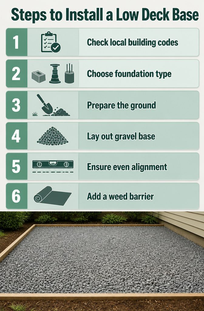 An information image detailing steps to install a low deck base.
