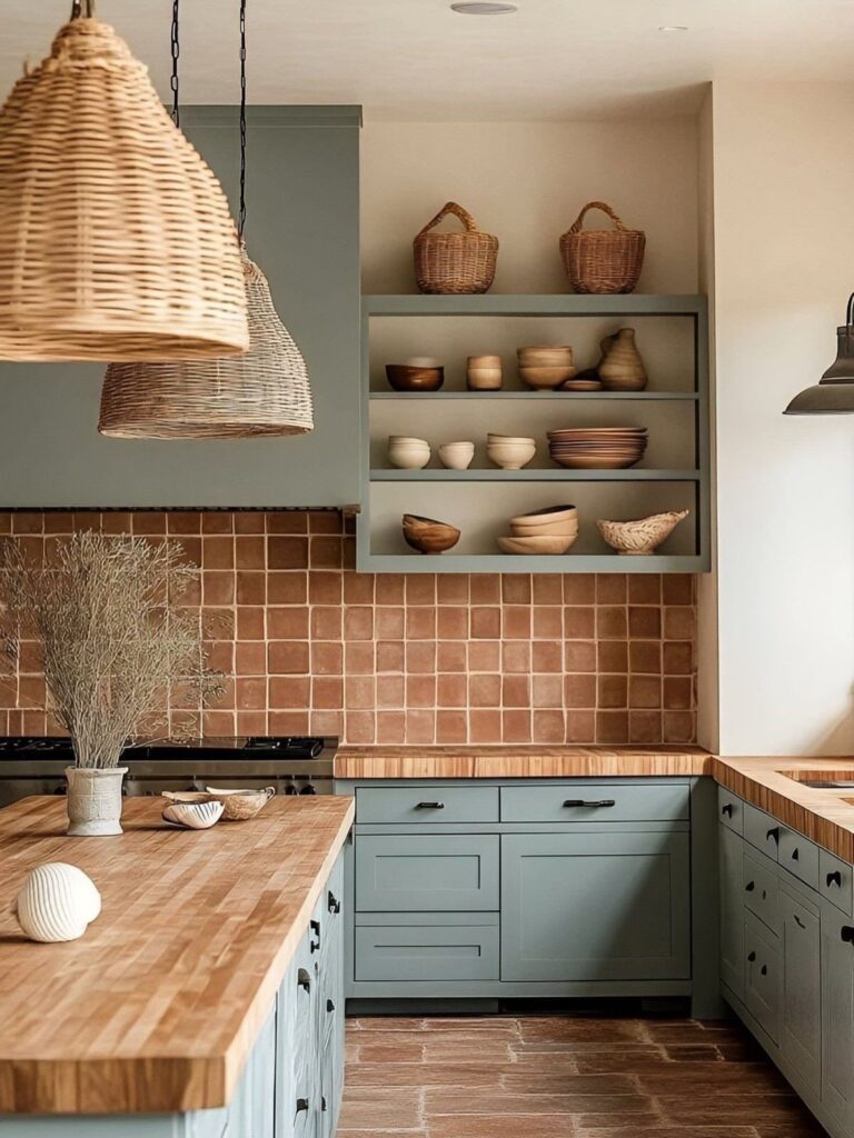 Olive green kitchen cabinets with terracotta tile floors and a matching tile backsplash.