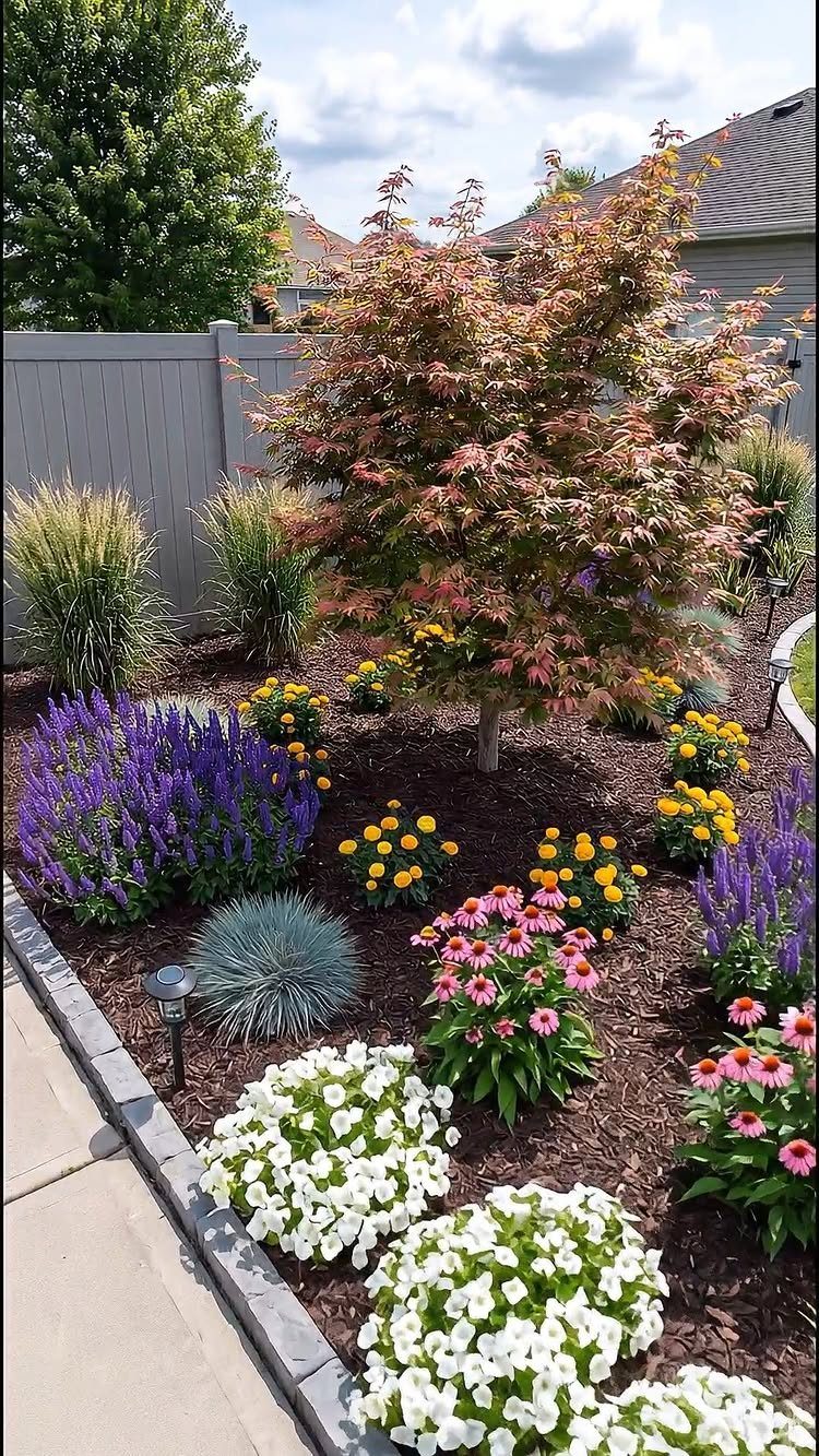 A colorful garden bed with a Japanese maple, various flowers, and ornamental grasses.
