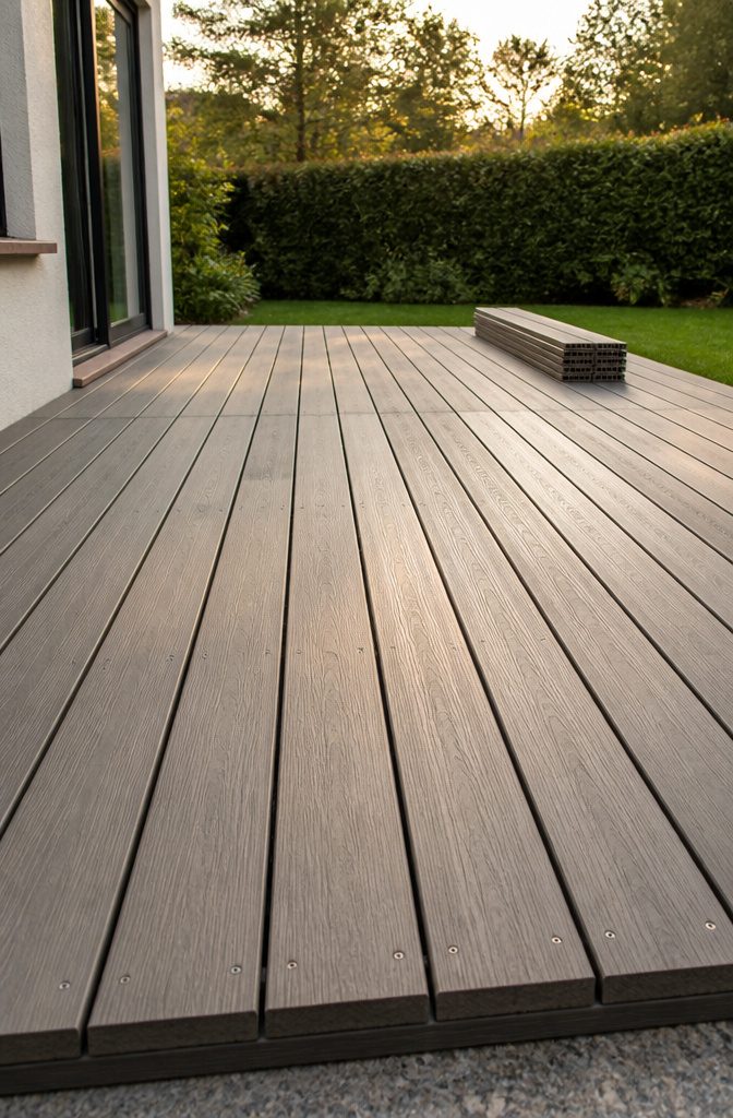Composite decking boards arranged with visible fasteners and proper spacing.