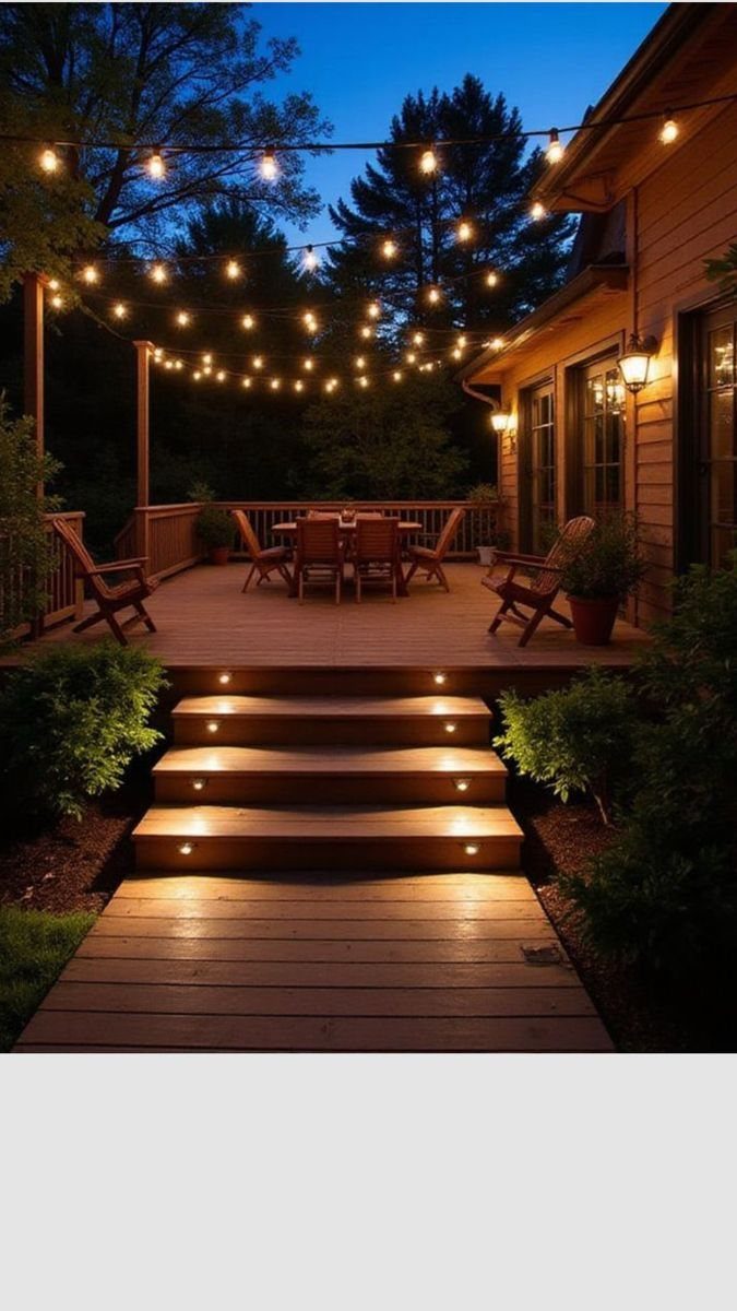 Wooden two-tier deck at dusk with glowing string lights and illuminated stair treads.
