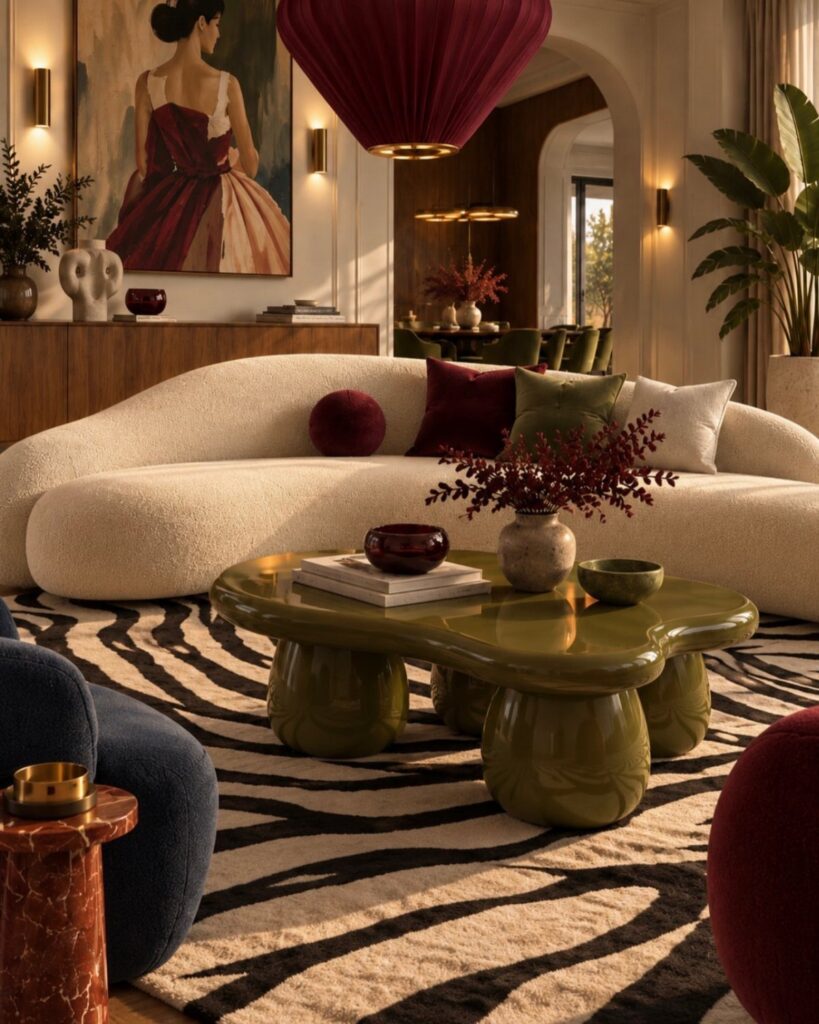Modern living room with burgundy accents, white curved sofa, and zebra-print rug.