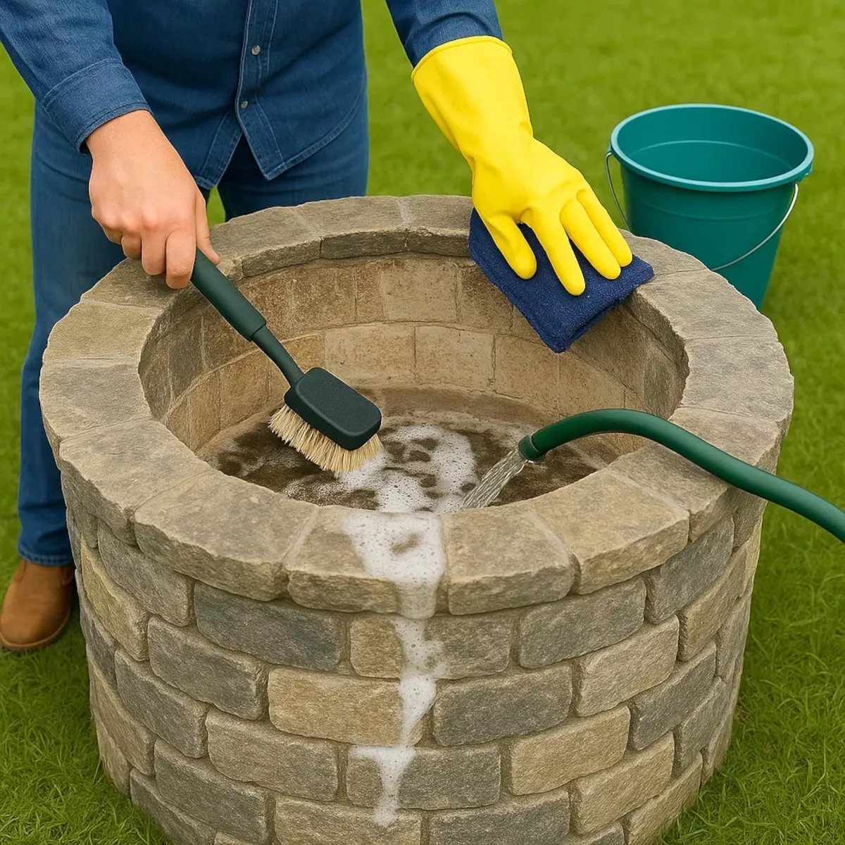 Person cleaning a stone fire pit with soapy water, a brush, and a sponge.