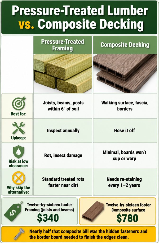Comparison image showing pressure-treated lumber and composite decking.
