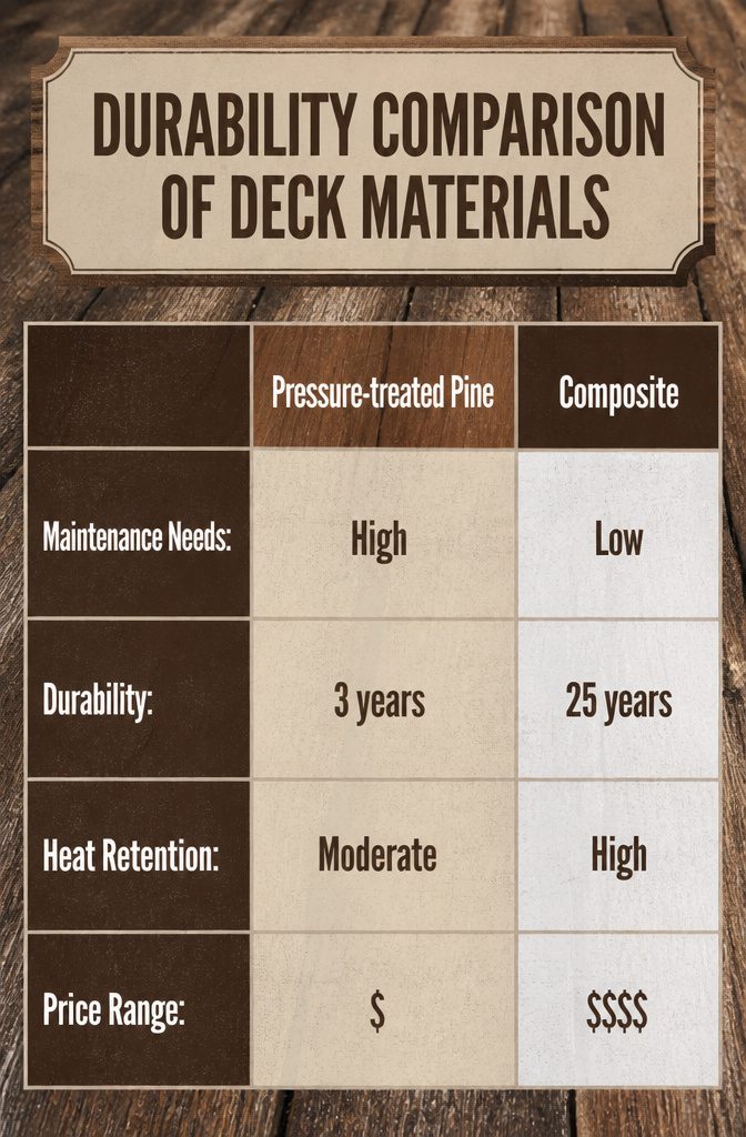 Information image comparing durability of different deck materials.