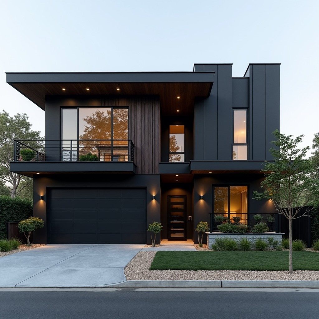 Modern two-story house with a monochromatic black facade, large windows, and a dark garage door.