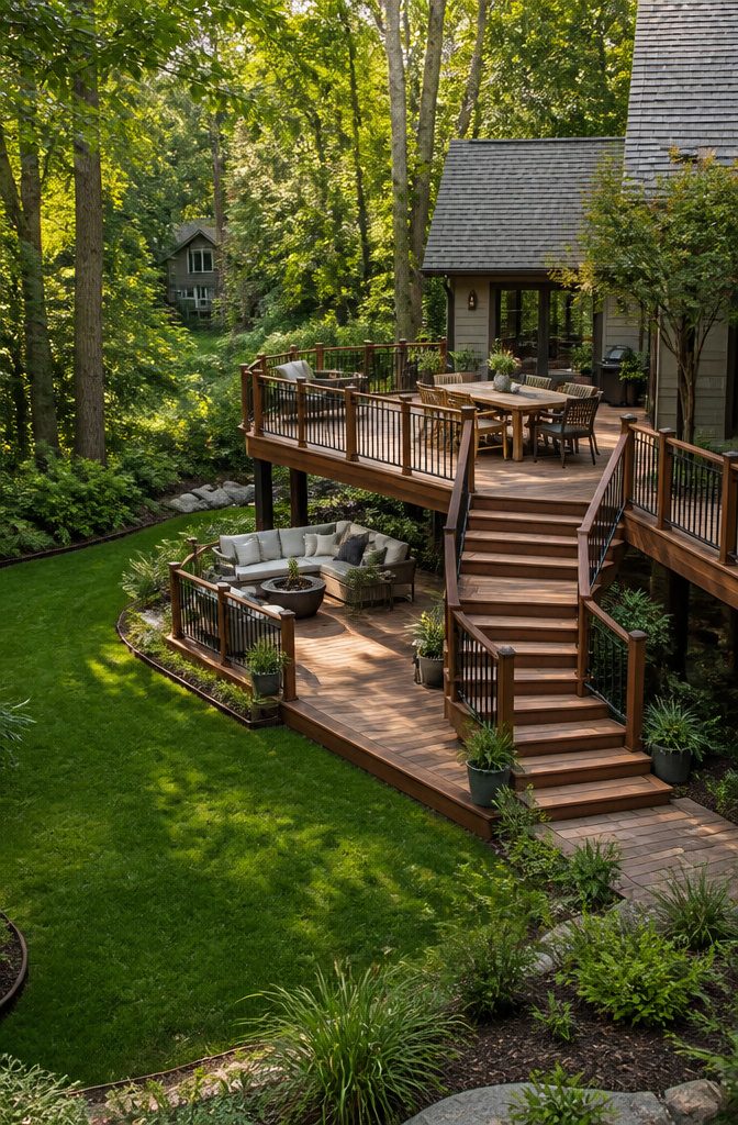 Multi-level deck with separate dining area and lounge space.