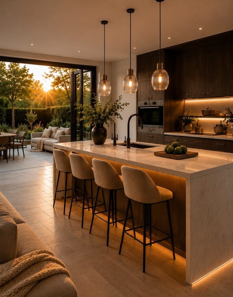 Modern open plan kitchen with marble island, bar stools, and outdoor patio view