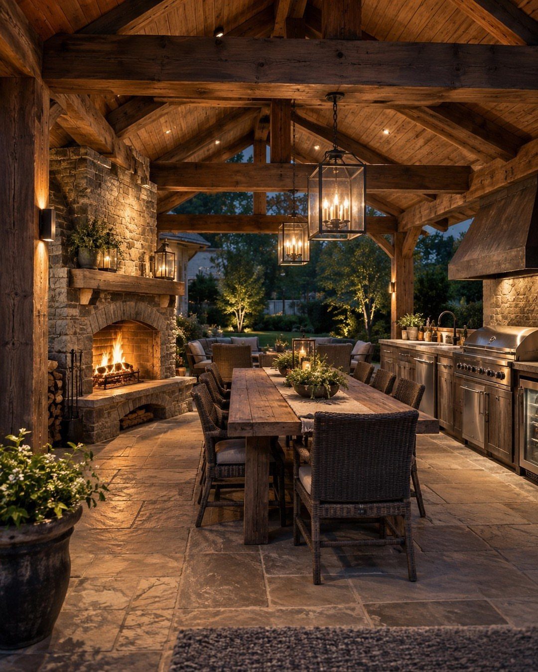 Stone fireplace with a glowing fire sits beside a wooden dining table in a rustic patio.