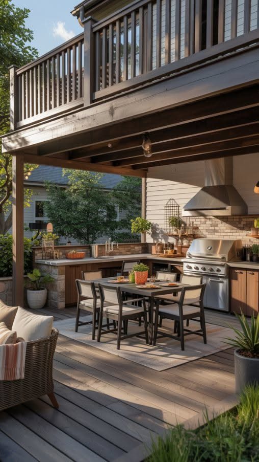 Outdoor kitchen with a built-in grill and dining set located on a wooden deck.