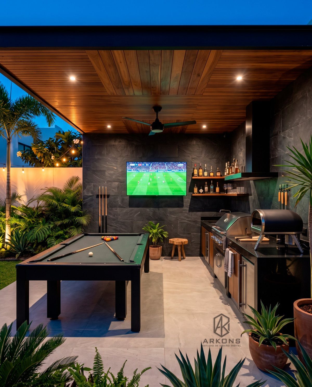 Modern outdoor entertainment area with a pool table, built-in grill, and television under a wooden ceiling.