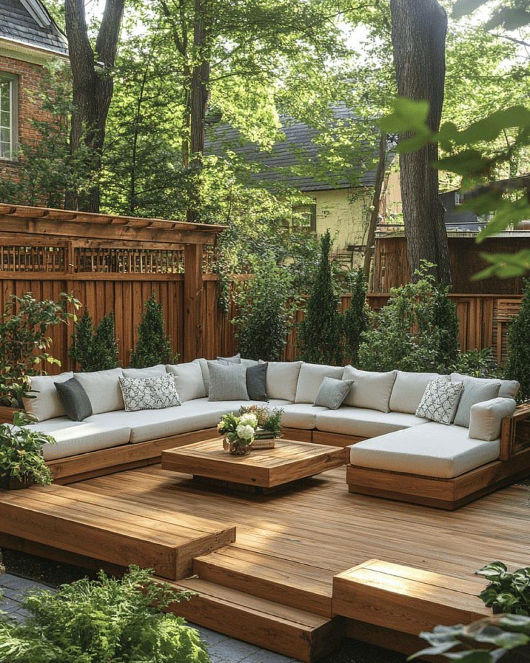 Wooden deck with built-in sectional seating, cream cushions, and a low wooden coffee table outdoors.