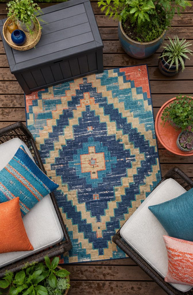 Deck adorned with outdoor rugs and throw pillows for comfort.