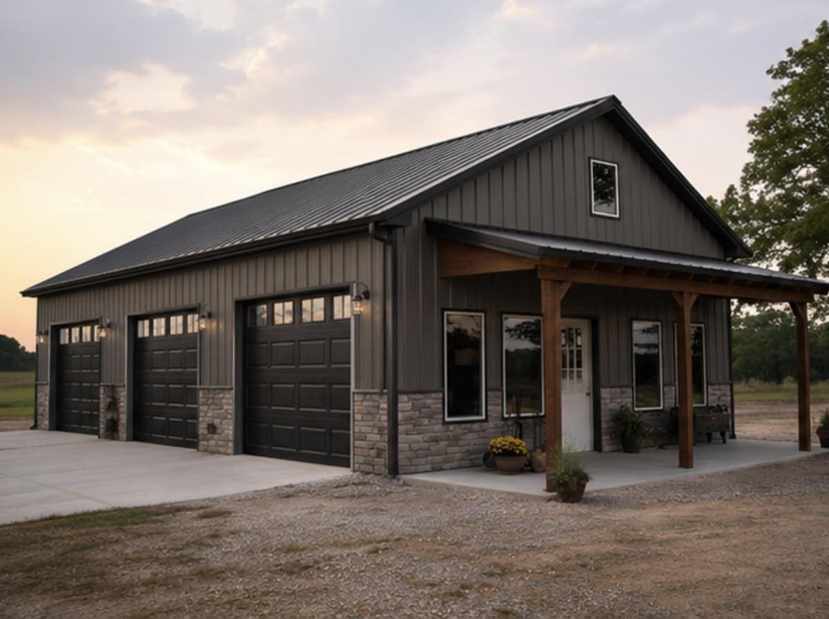 A grey metal pole barn garage with three black doors and a wooden porch.