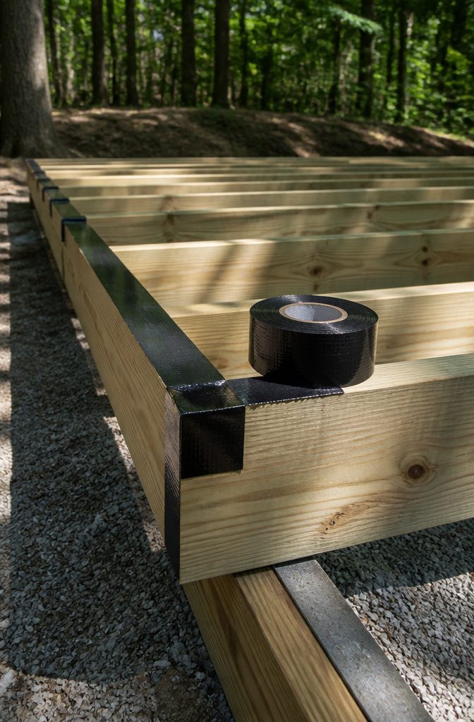 Close-up of joist tape being applied on pressure-treated joists.