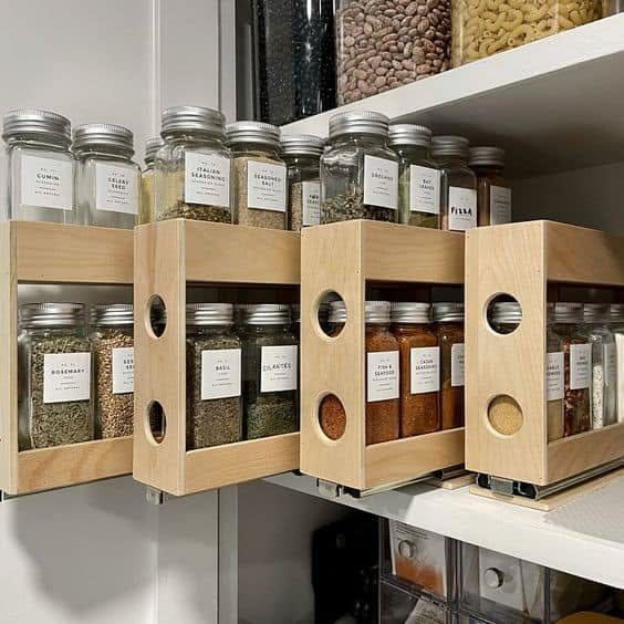 Light wood pull-out spice racks with glass jars inside a white kitchen cabinet.
