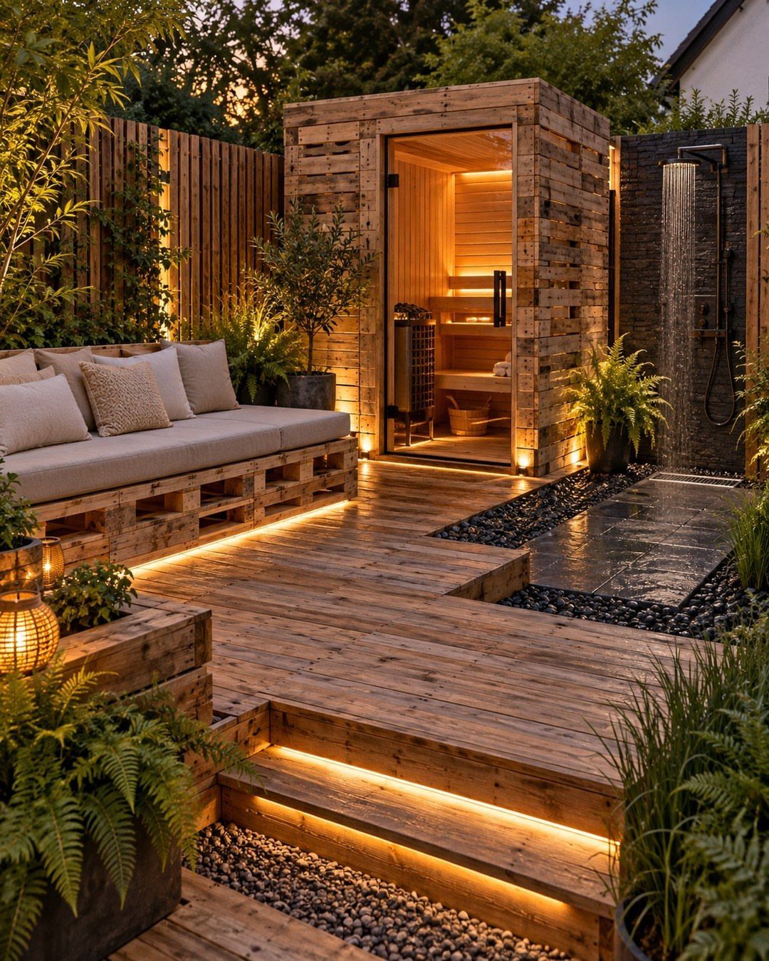 Rustic wooden deck with pallet seating, a sauna, and warm integrated LED lighting at dusk.