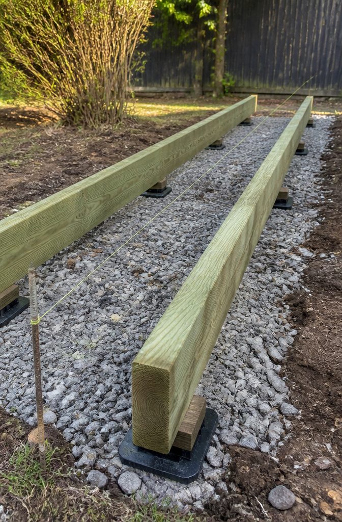 A beam placed over a footing, being checked for level.