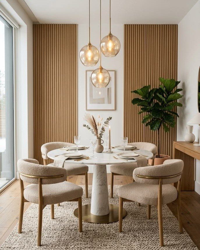 Round marble dining table with beige chairs and globe pendant lights in modern room.