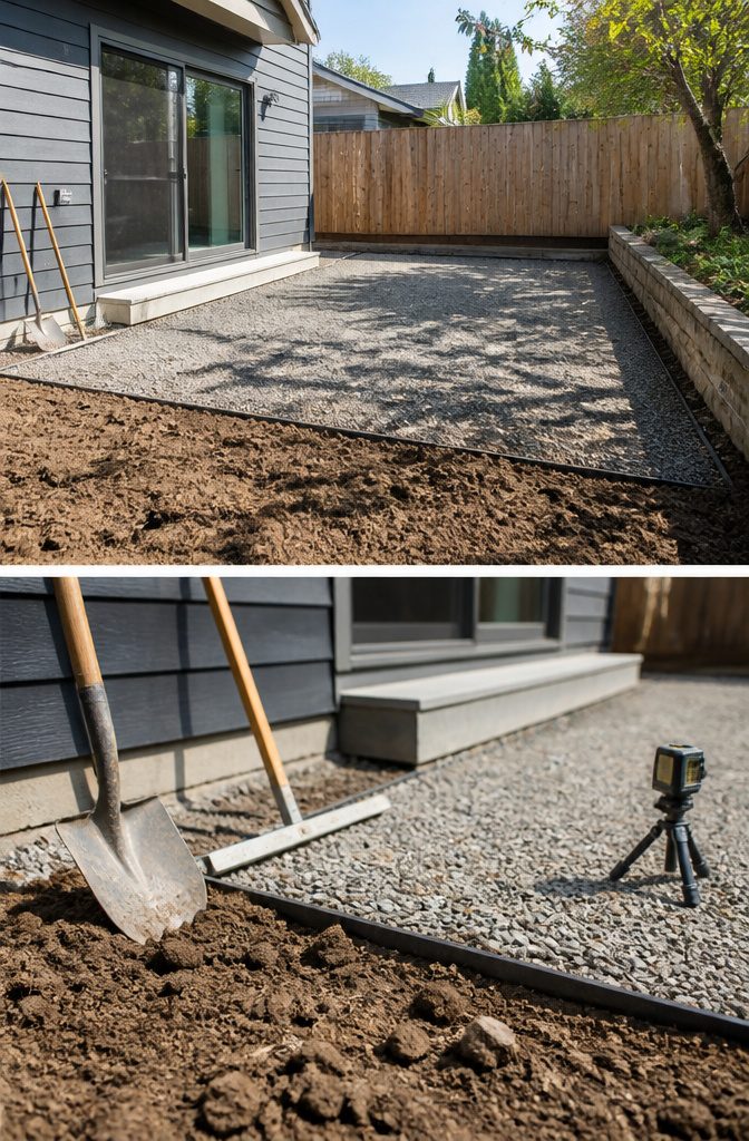 Steps showing the process of preparing the ground for a deck.