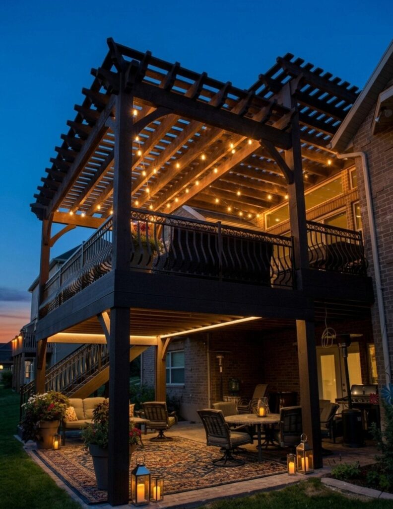 A dark wood two-story deck featuring a large pergola with glowing string lights at dusk.