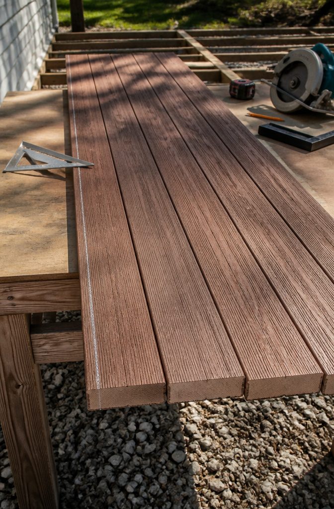 Trimmed ends of deck boards with a chalk line for precision.