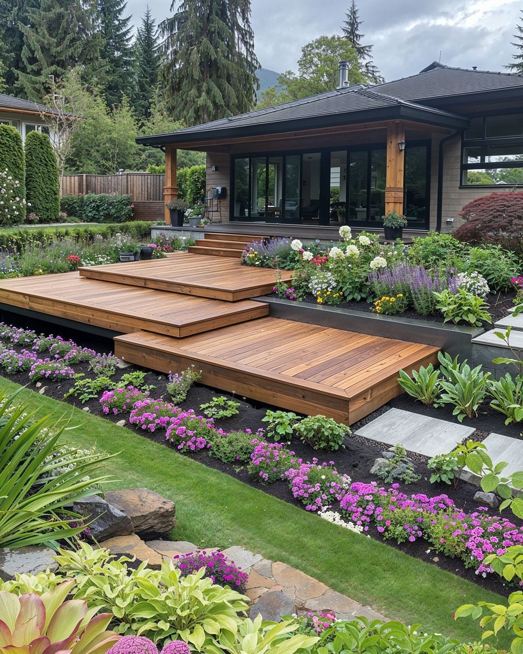 Two-tiered wooden deck surrounded by colorful garden flowers and lush green landscaping in a backyard.